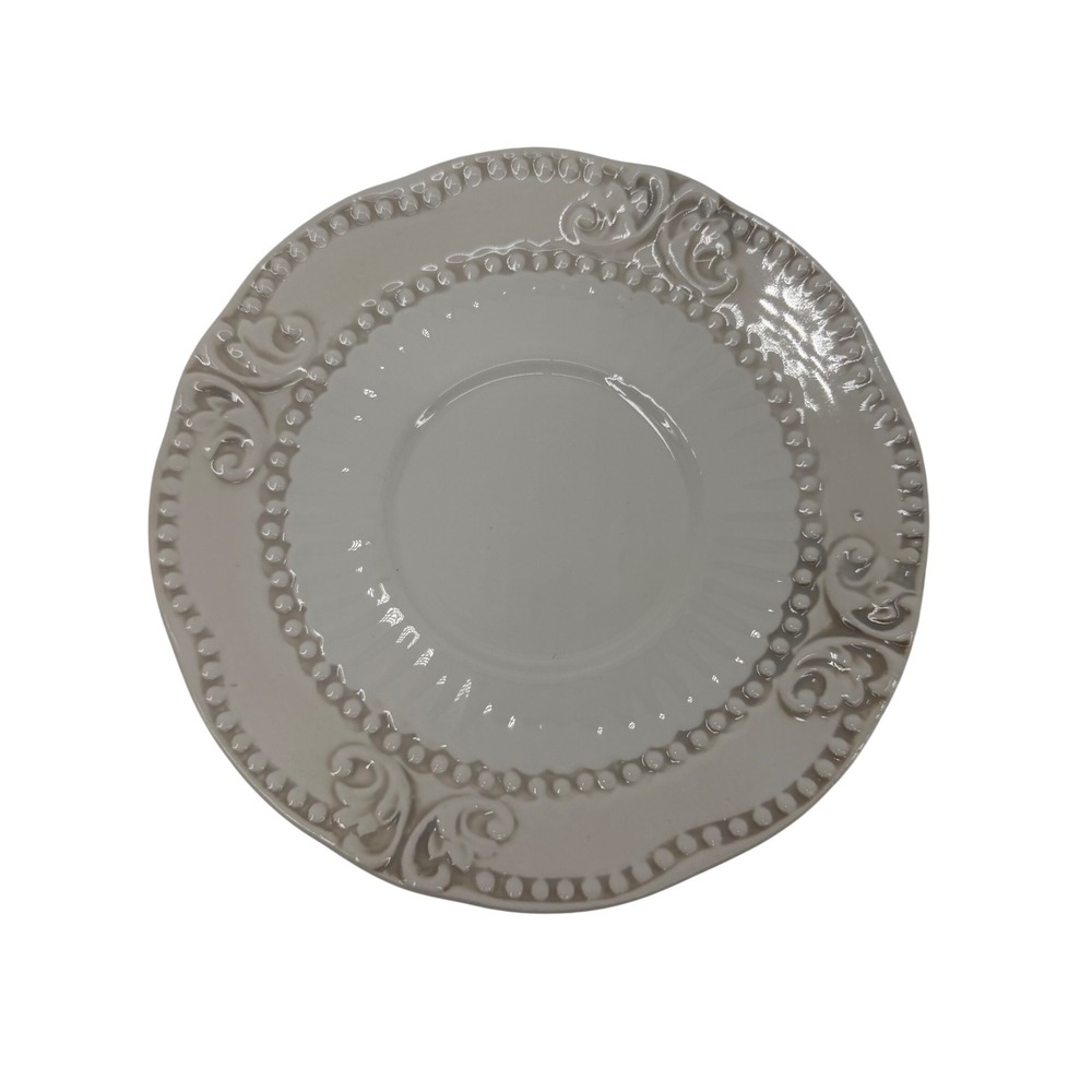 American Atelier Bianca Baroque Saucer‎ Plate Cream Embossed Scroll Beaded NEW